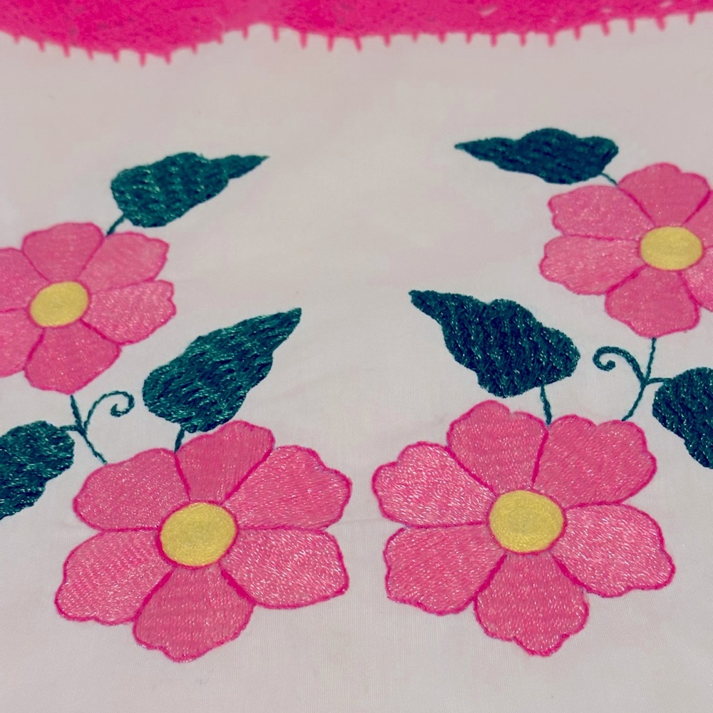 Floral Embroidered Fabric with Pink and Green Design